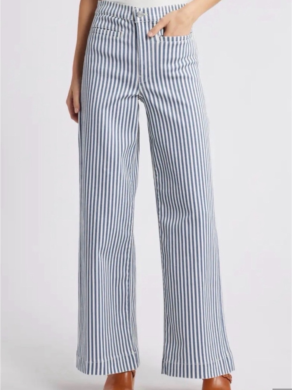 Frame Denim Blue and White Vertical-Stripe Wide-Leg Pants